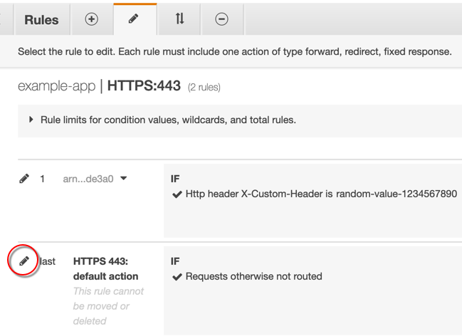 
                        在 Amazon EC2 控制台中为负载均衡器编辑默认规则。
                    