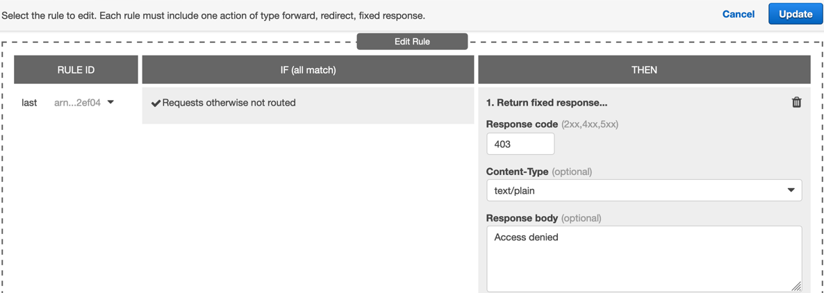 
                        在 Amazon EC2 控制台中更新负载均衡器的默认规则。
                    
