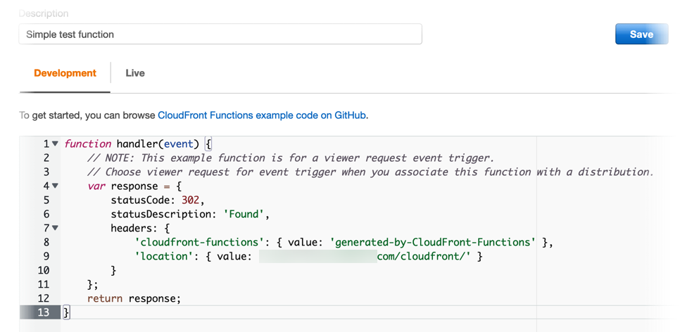 
                        CloudFront Functions 代码编辑器中的示例代码。
                    