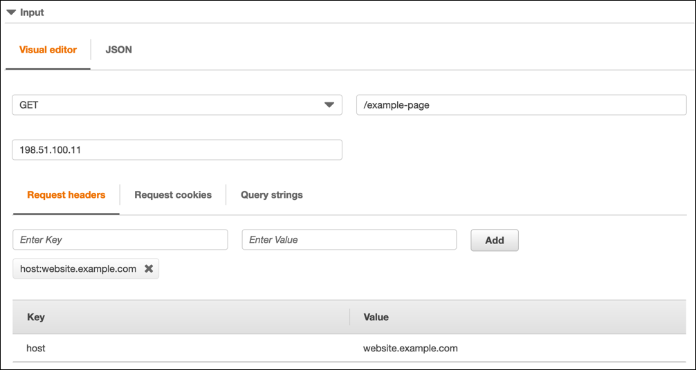 
                                可视化编辑器中的 CloudFront 函数的示例测试事件。
                            