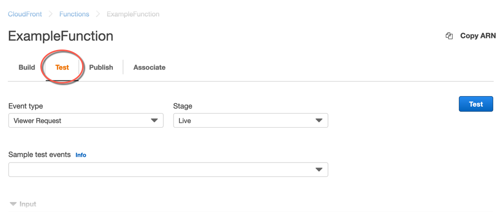 
                                CloudFront 函数的测试选项卡。
                            