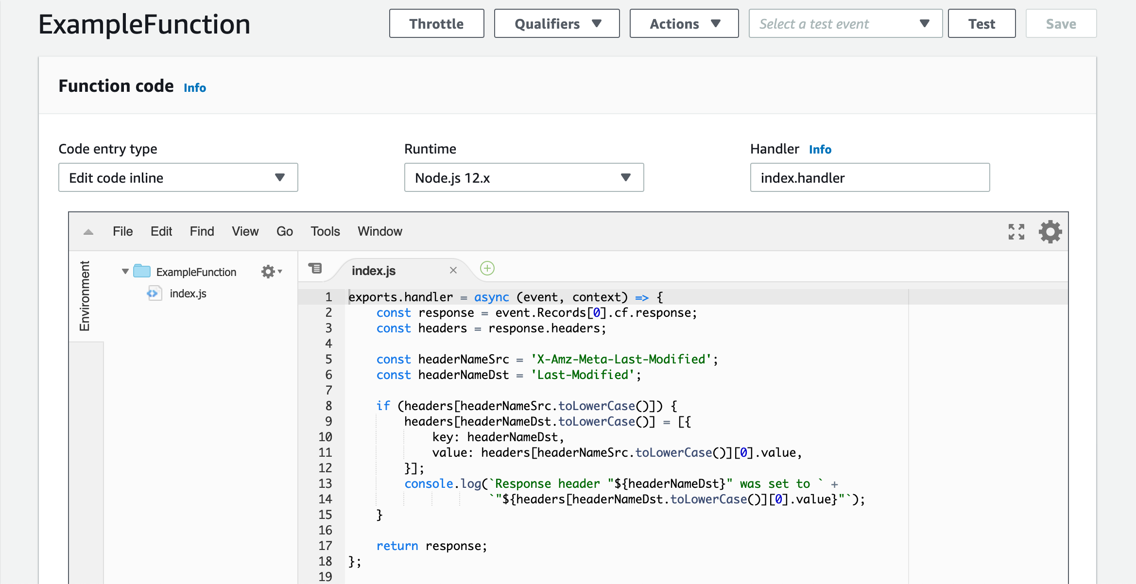 
								Lambda 控制台中的 Lambda 函数页面，显示函数代码部分。
							