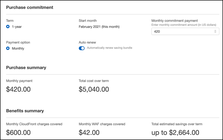 
                CloudFront 控制台中的 CloudFront Security Savings Bundle 购买承诺摘要
            