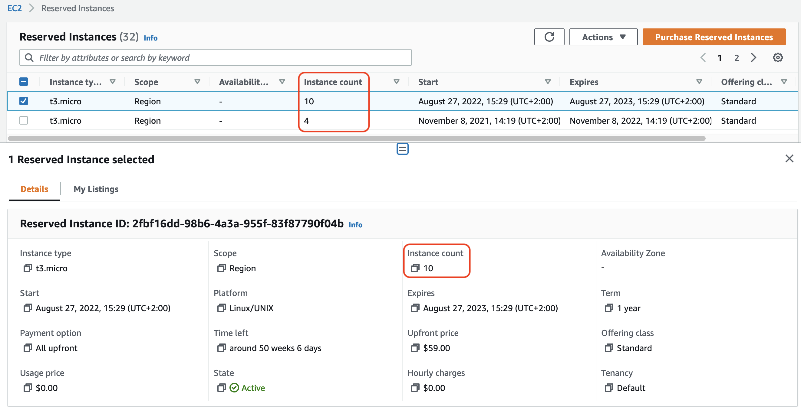 
						This image shows the Reserved Instances screen in the Amazon EC2 console.
							The Instance count field is outlined in the
							screenshot.
					
