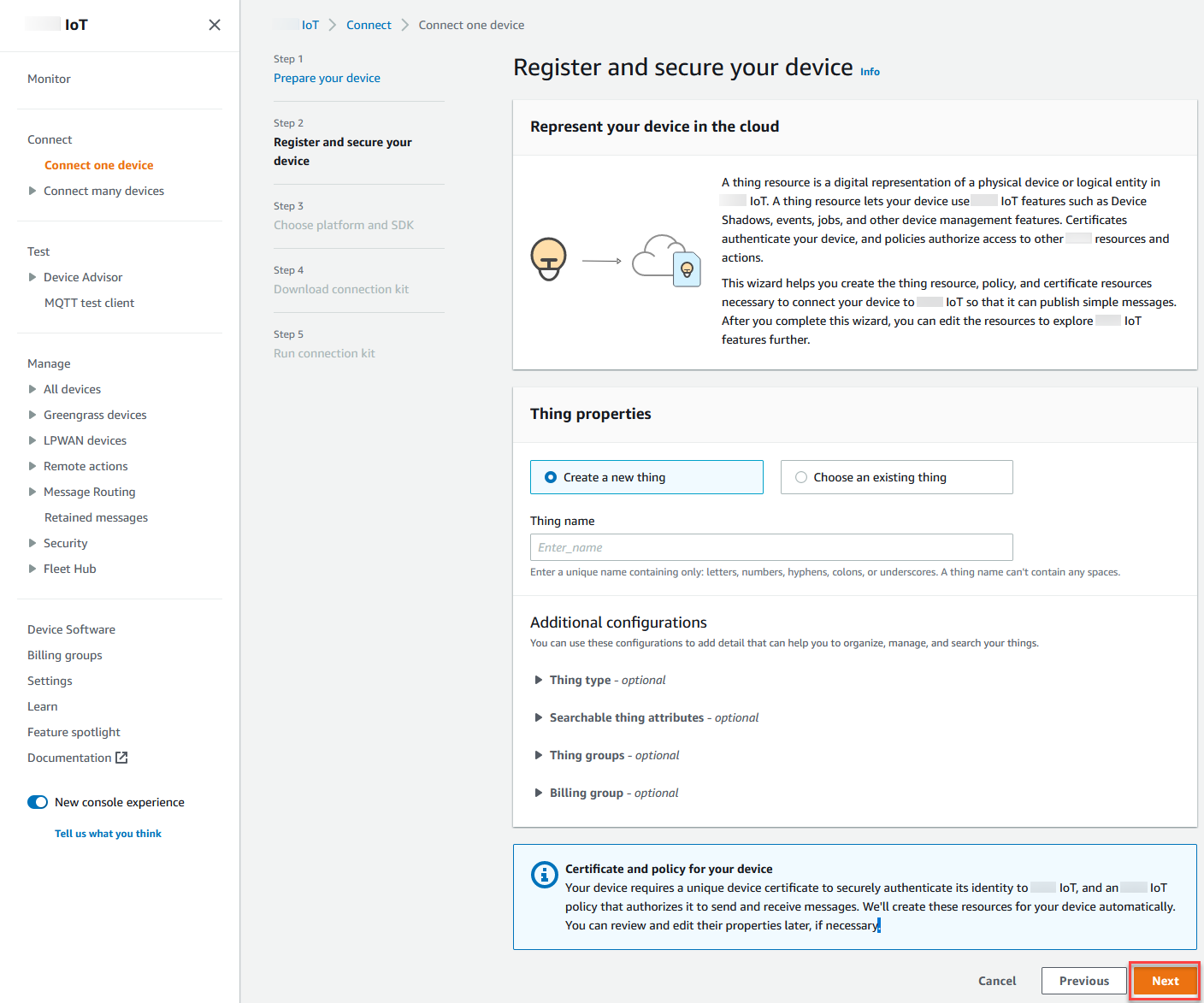 
                            Amazon IoT 控制台注册并保护您的设备
                        