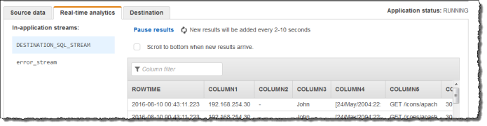 
                控制台屏幕截图，显示 Real-time analytics (实时分析) 选项卡和应用程序内部流。
            