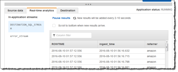 
                控制台屏幕截图，显示具有应用程序内部流中的结果数据的 Real-time analytics (实时分析) 选项卡。
            