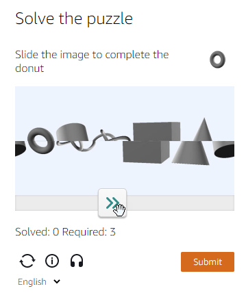 
				屏幕包含标题 “解开谜题” 和文字 “滑动图像完成甜甜圈”。文本下方是一张图片，该图像显示了一个水平分割的小屏幕，形状的上半部分位于分割部分的上方，形状的下半部分位于分割部分下方。分屏下方是一个滑动条，它连接到屏幕的下半部分。在分屏下方，一个打开的信息框上有文字 “通过匹配指定形状的两半来求解”。屏幕底部有加载其他拼图、切换信息框进入和关闭视图、切换到音频拼图以及更改语言的选项。底部还有 “提交” 按钮。
			